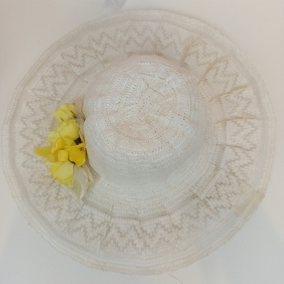 Vintage 80s Womens White and Yellow Wide Brim Sun Hat Summer Travel - Picture 7 of 8